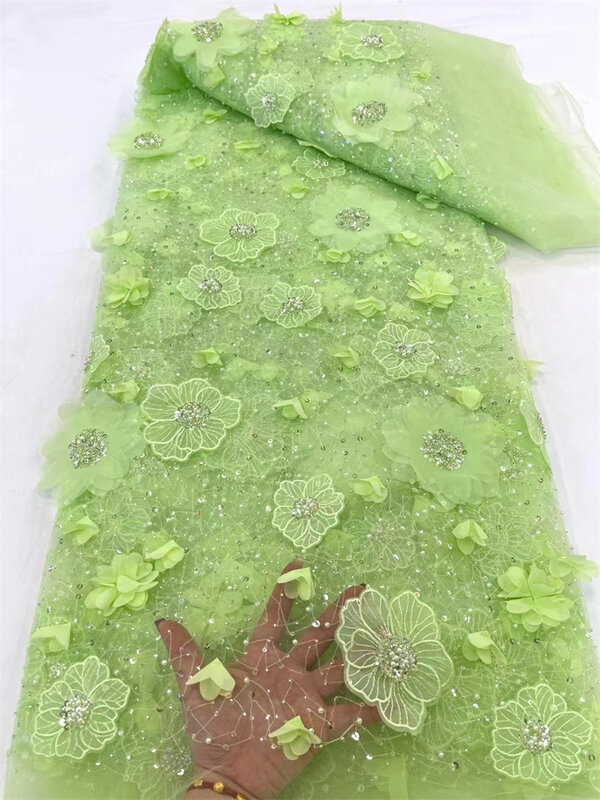 Kain renda 3D kuning Afrika kualitas tinggi manik-manik berlian mewah Perancis payet Nigeria renda Tule bunga 3D untuk pernikahan