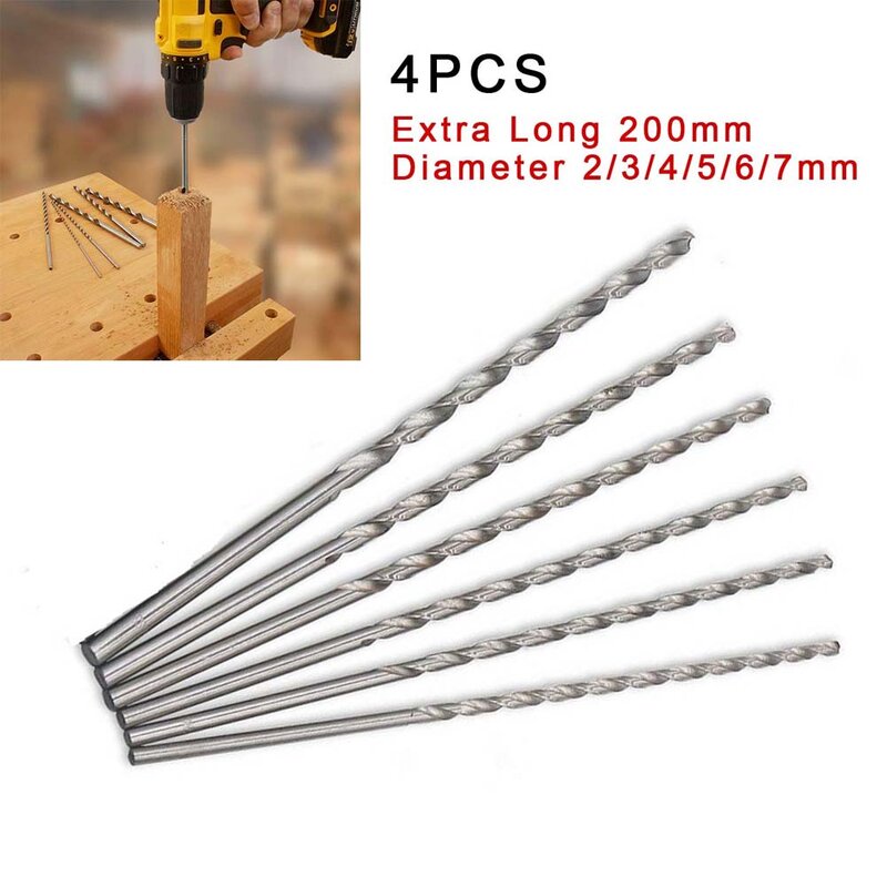 Experience Exceptional Metal Drilling Performance with 4Pcs 200mm Extra Long HSS Drill Bits Sizes 2/3/4/5/6/7mm