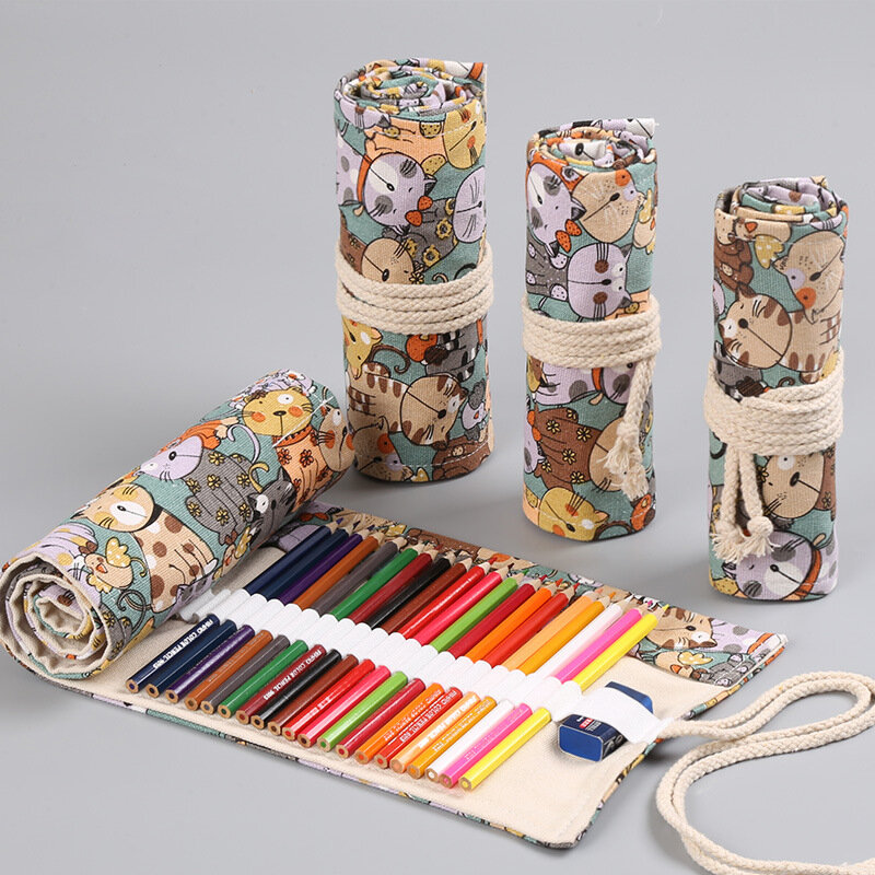 Cortina grande de lona de algodón para hombres y mujeres, bolsa de lápices de colores, papelería de dibujos animados, cara grande de gato, 12, 24, 36, 48, 72 agujeros