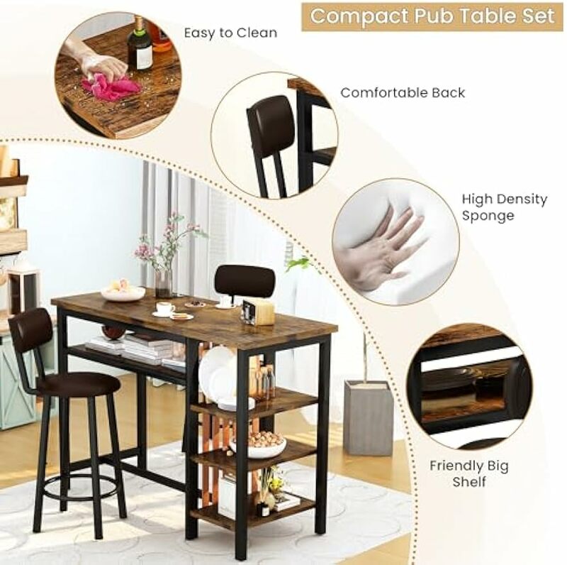 Bar Table Set for 2, Bistro Bar Table and Chairs Set with Storage, Counter Height Dining Table with Stools, Kitchen