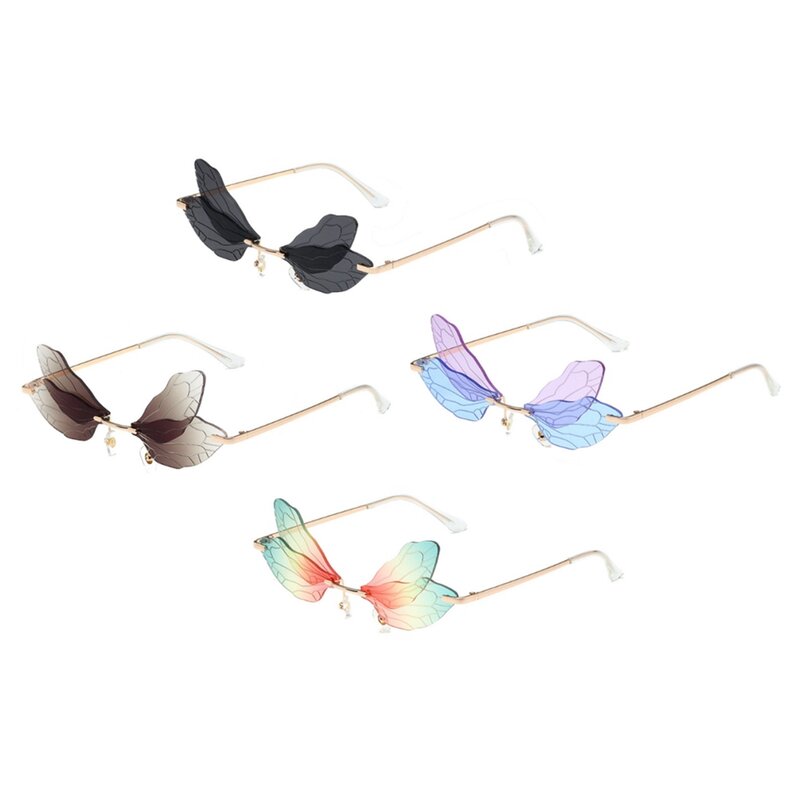4 Pairs Rimless Sunglasses Fairy Wing Rimless Irregular Retro Glasses Ladies Men's Party Gradient Sunglasses