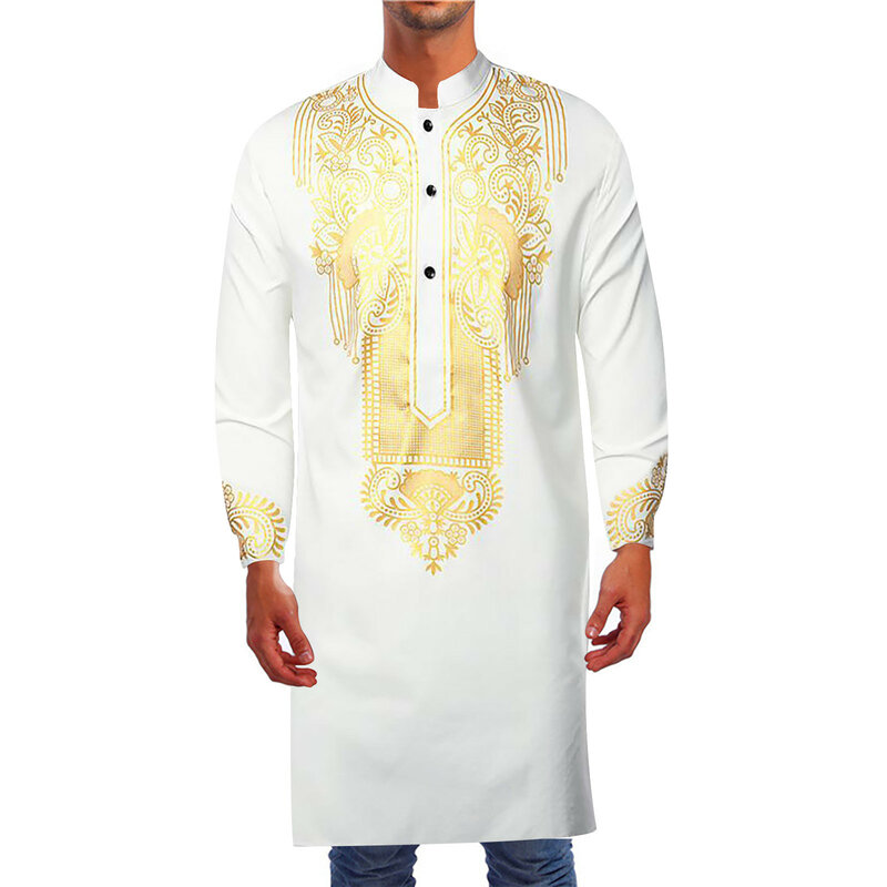Men's Abaya Thobe Arabic Longline T Shirts Henley Kaftan Banded Plain Gown Shirts Men's Muslim Robr Kaftan Thobe For Male
