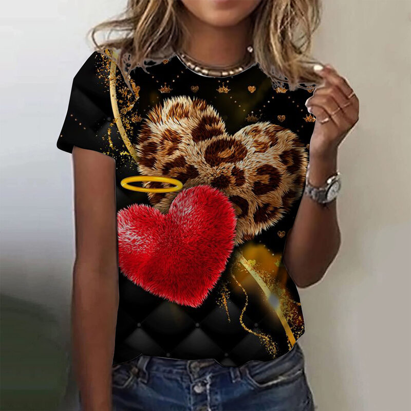 Damska koszulka letnia moda koszulki z krótkim rękawem z nadrukiem 3D z okrągłym dekoltem casualowa koszulka damska na ubrania panterka dla seksowna dziewczyna