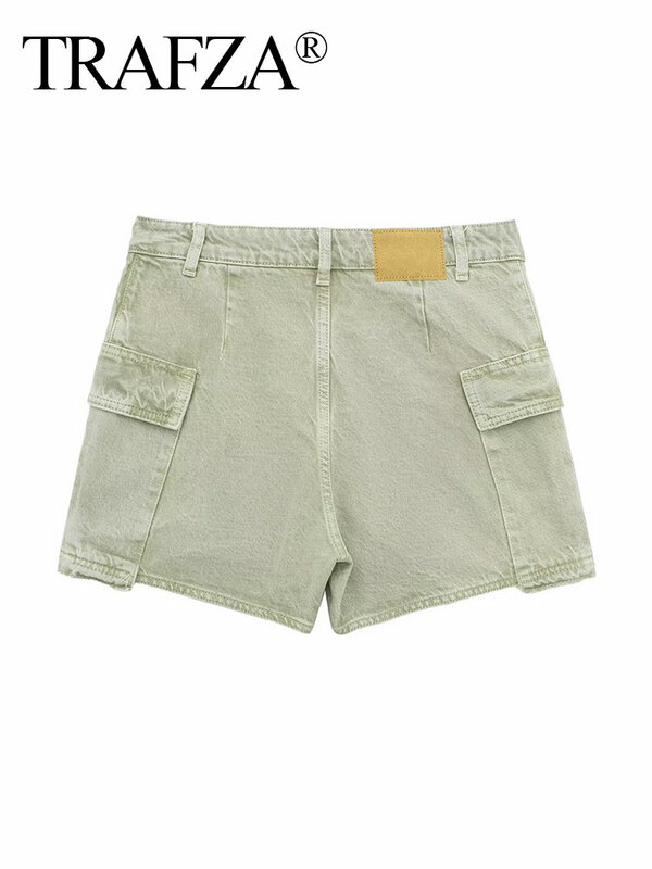 TRAFZA 2024 Spring Female Elegant Wrap Style Culottes Green Denim A-Line Slim Mid Waist Casual Chic Pantskirt Versatile Shorts