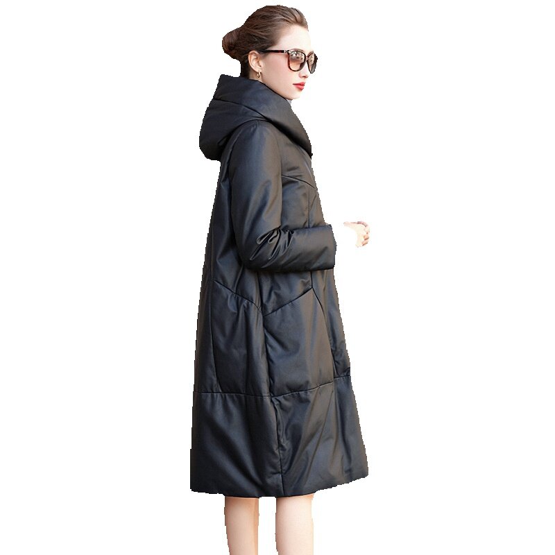 Новое Женское пальто из овечьей кожи, Свободное длинное пальто на белом утином пуху с капюшоном