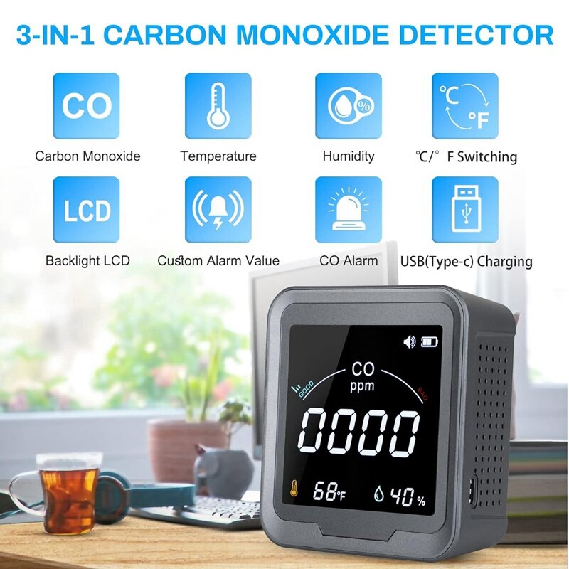 Détecteur de monoxyde de carbone 3-en-1, détecteur de CO de bureau/mural, détecteur de température/humidité, PTH-9D de compteur de CO noir