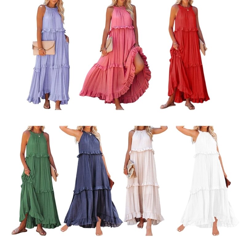Summer Skirt Flowy Ruffle Hem Long Dress Sleeveless Halter Dress for Hot Girls Dropship