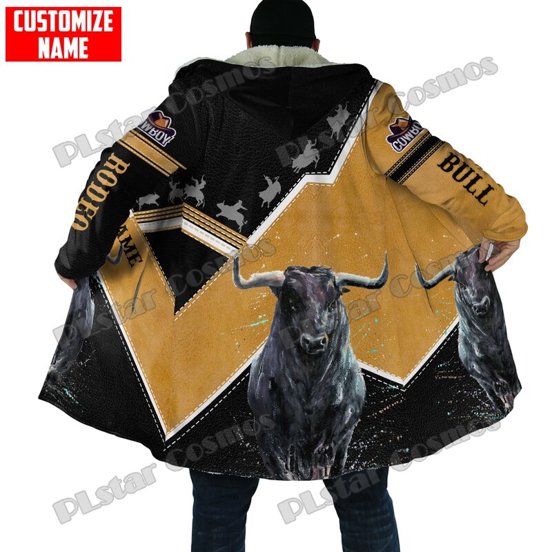 Winter Fashion Mens Cloak Personalized Name Bull Riding 3D Printed Fleece Hooded cloak Unisex Casual Thick Warm Cape coat PJ08