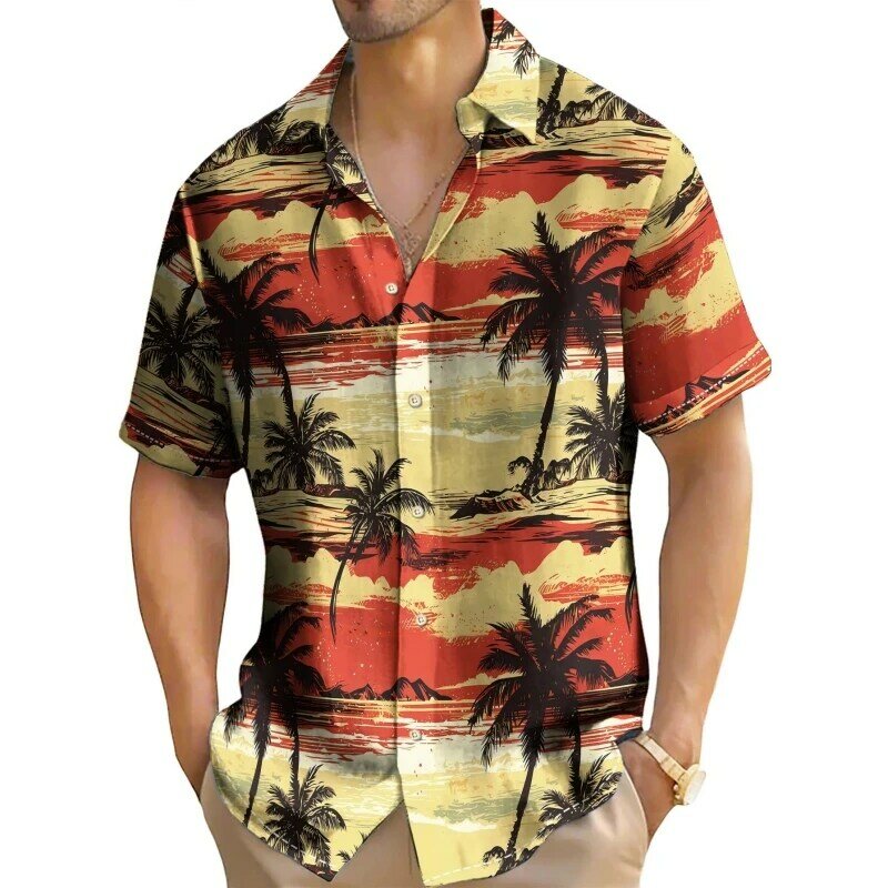 قميص رجالي بأكمام قصيرة مطبوع عليه شجرة جوز الهند ، توبات غير رسمية ، قمصان هاواي كبيرة الحجم للرجال ، موضة الشاطئ