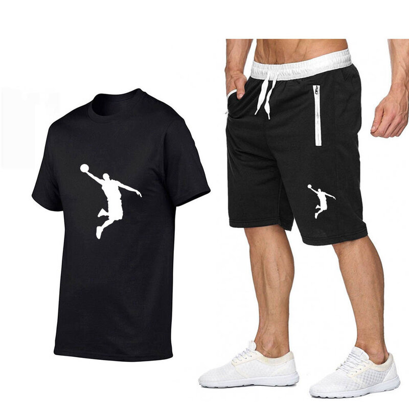 Set pakaian olahraga pria, kaos dan celana lengan pendek bernafas, pakaian kasual, pakaian latihan basket musim panas