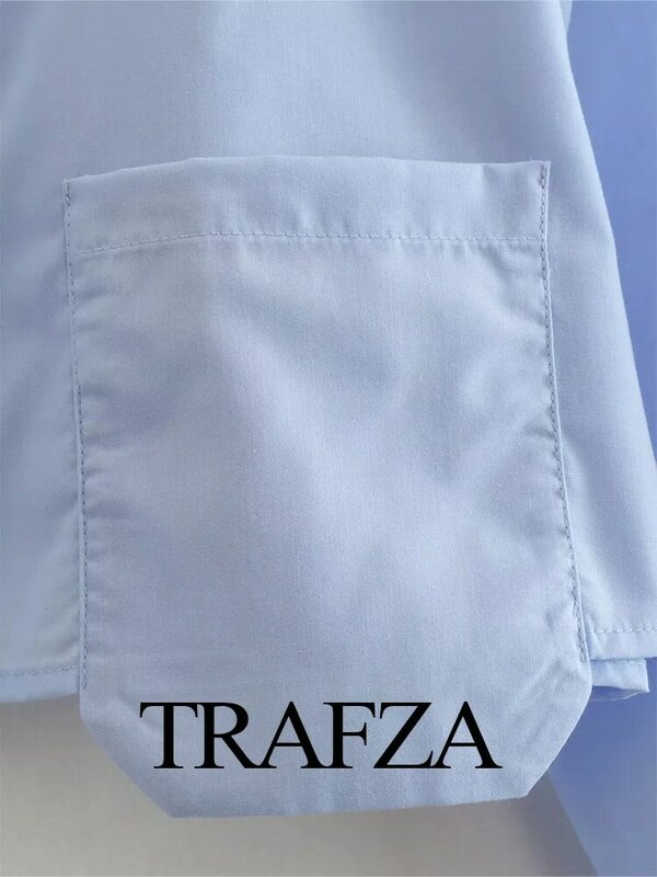 TRAFZA-Blusa de peito único feminina, tops chiques, mangas compridas, casual elegante, fina, monocromática, gola virada para baixo, 5 cores, verão
