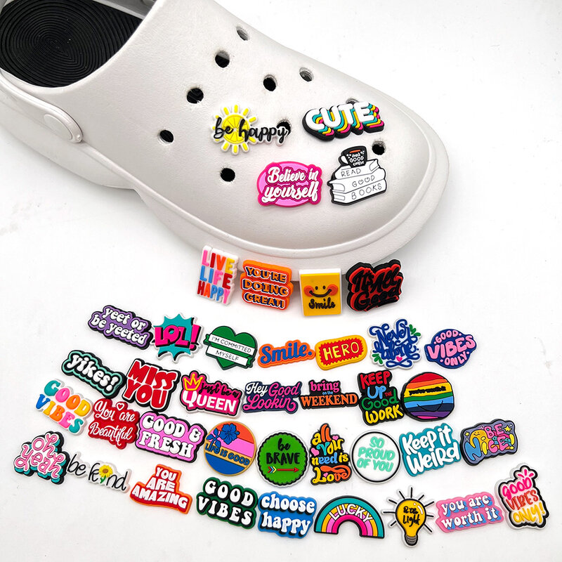 1Pcs Funny Shoe Charms Phrase Letters PVC Shoe Accessories Good Vibes Sandals Decorations For Clogs Buckle Unisex Gifts