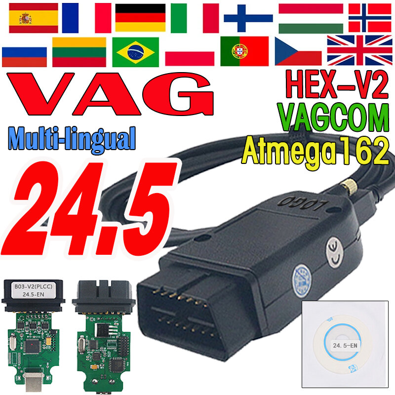 Hex V2 pour VW AUDI Skoda Seat Vag, VCDS V24.5, VAGCOM V23.11, Populaire, Français, Anglais, Atmega162, Nouveau, 2024