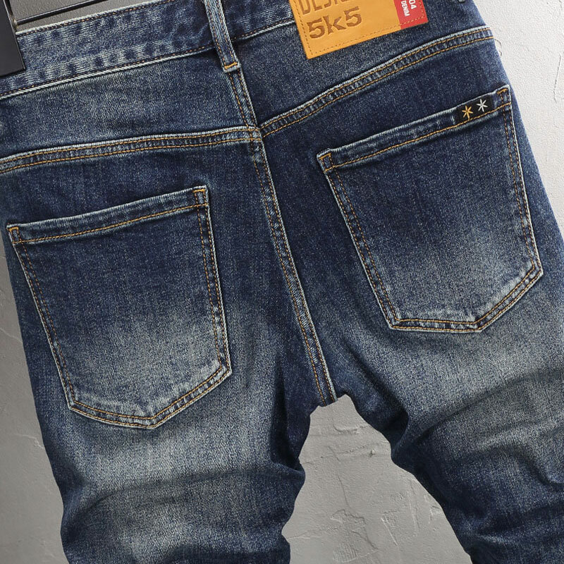 Fashion Designer Men Jeans High Quality Retro Washed Blue Elastic Stretch Slim Fit Ripped Jeans Men Vintage Casual Denim Pants