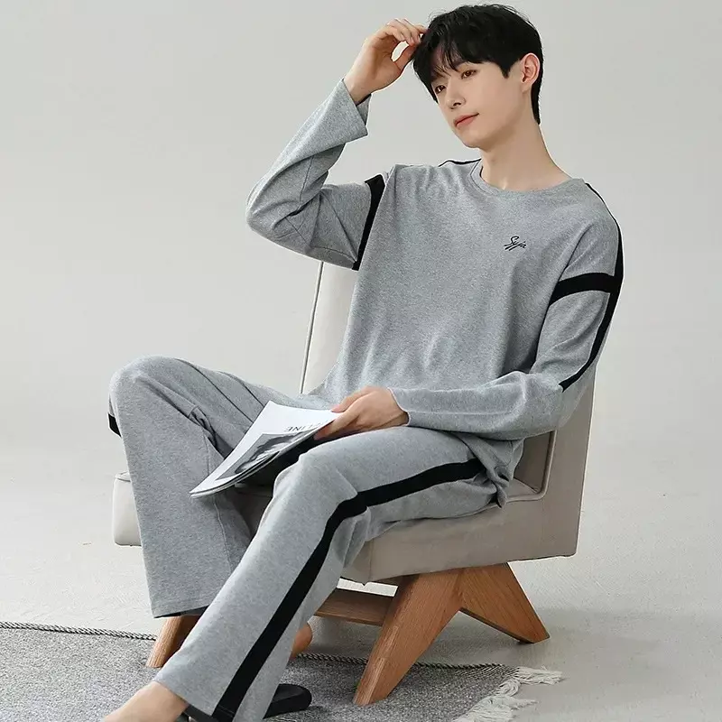 Pants Men's Pajamas And For New Neck 2023 Tops Korean Sleepwear Nightgown Sets Long Pyjamas Round Sleeve Homewear Print