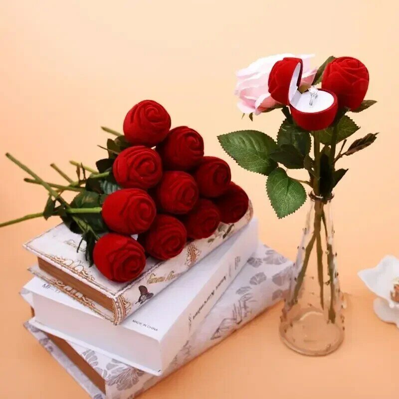 Veludo Rose Flower Ring Box, Rosa Vermelha Romântica, Jóias Display Holder, Presente De Casamento Nupcial, Caso De Armazenamento De Anel De Noivado, 1 Pc, 5Pcs