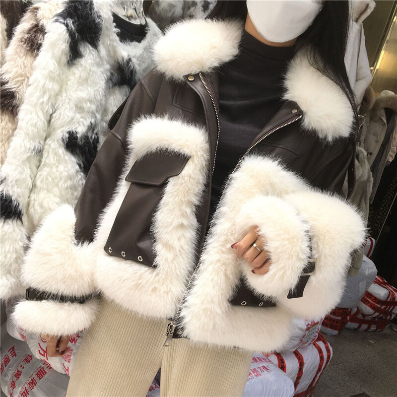 Abrigo de piel de zorro de imitación para mujer, Chaqueta corta con remaches de Bolsillo grande, ropa elegante para oficina, invierno, 2023