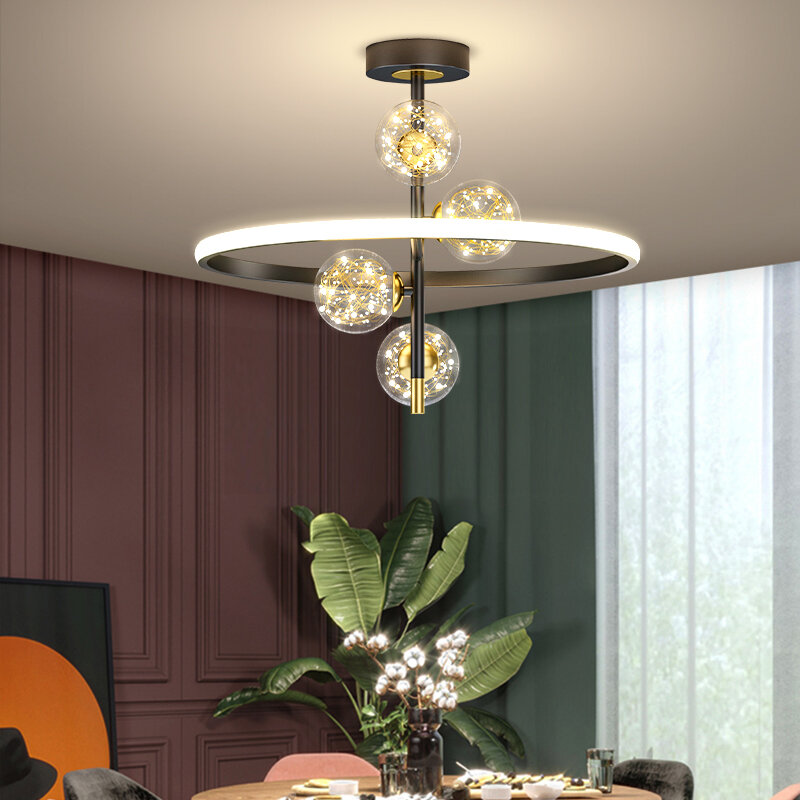 โคมไฟระย้าติดเพดานแบบแหวนนอร์ดิกโคมไฟห้อยสีทอง LED ทันสมัยสำหรับตกแต่งห้องนอนโคมระย้าโต๊ะทานอาหารหรูหรา