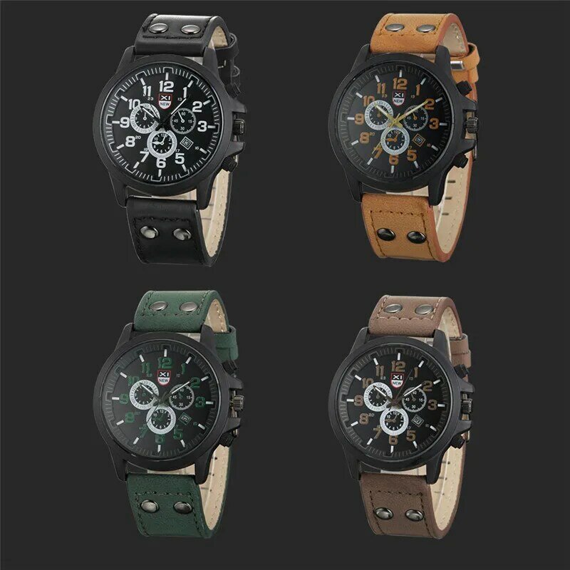 XINEW-Men's Leather Band Quartz Watch, Militar, Esportes, Estudantes, Simples, Data, Fashion Brand, Cheap, 2024