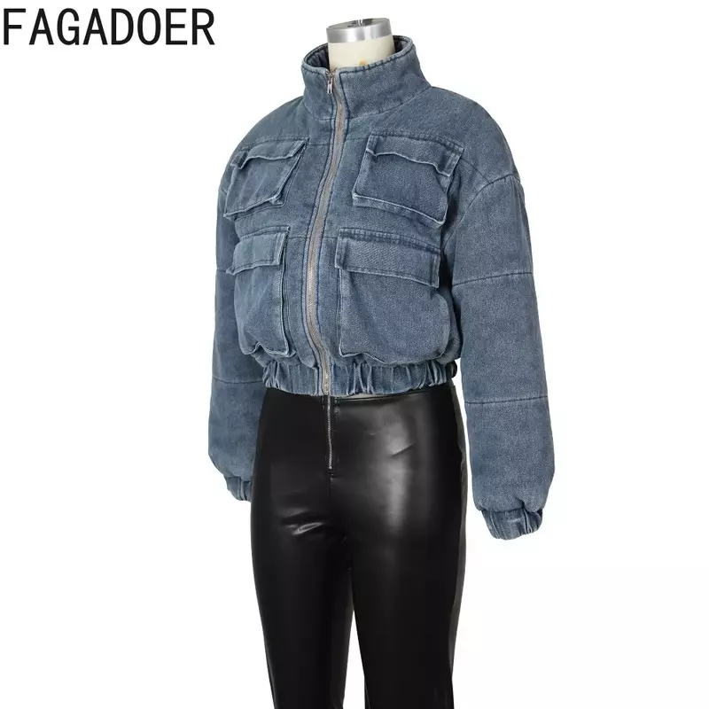 FAGADOER Fashion Street Style Women Stand Collar Zipper Denim Cotton Jacket Autumn Winter Female Pocket Slim Thick Coats Tops