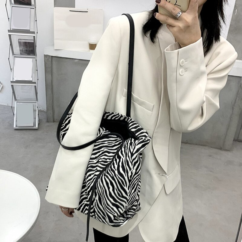 Fashion Women's Zebra Print Canvas Handbag Retro Casual Shoulder Bag Large Capacity Travel Shopping Bag Tote Bag