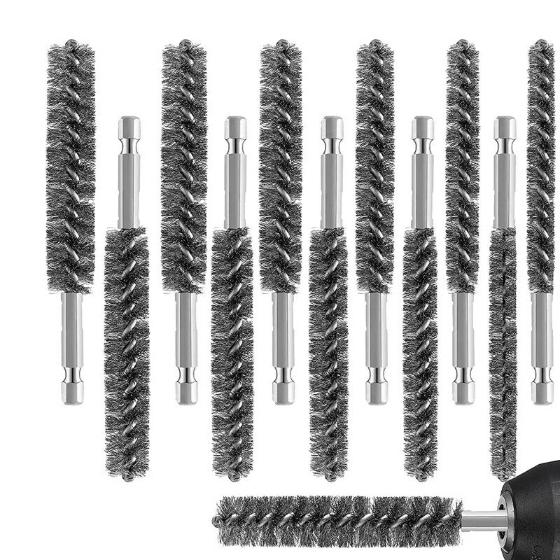 Stainless Steel Bore Brush Stainless Steel Bristles Wire Brush For Power Drill With Hex Shank Handle 12 Pcs