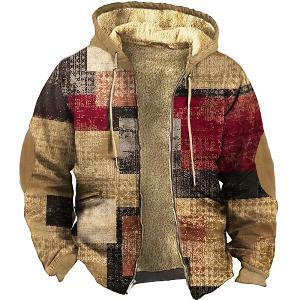 Men's Winter Parkas Long Sleeve Vintage Color Block Print Warm Jacket for Men/Women Thick Clothing Outerwear