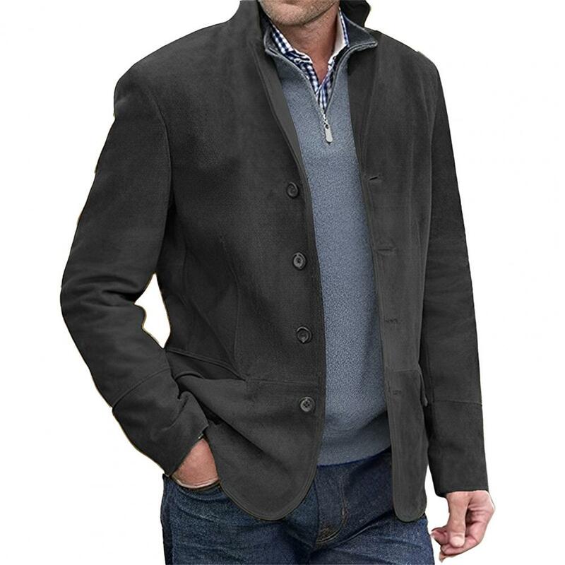 Мужская однобортная приталенная куртка в стиле ретро, однотонная куртка с отложным воротником, карманами и длинными рукавами, однобортный костюм, 2019