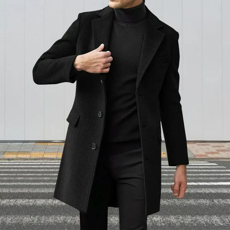Winter Men Suit Coat Lapel Long Sleeve Flap Pockets Single-breasted Warm Jacket Overcoat