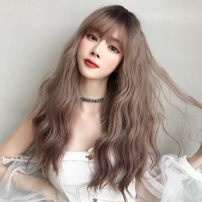 Synthetic Wigs Light Brown  Dark Brown Curly Long  Cut with Bangs Wig for White Women Korean Daily Party Cosplay  Resistant Hair