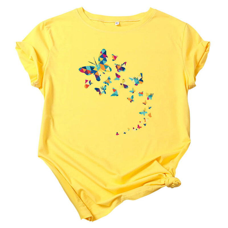 Camiseta feminina de algodão de manga curta, tops grandes, estampa borboleta, europeia e americana, moda de verão, nova, 100%