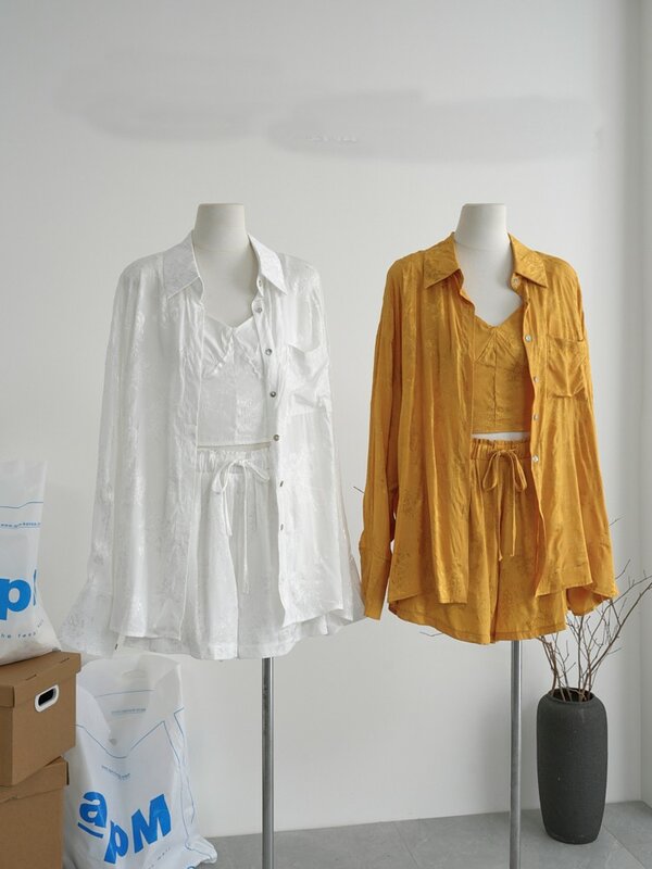Conjunto de shorts e camisa floral elegante feminina, manga comprida, peito único, decote em v, camis crop, shorts, senhora, primavera, verão