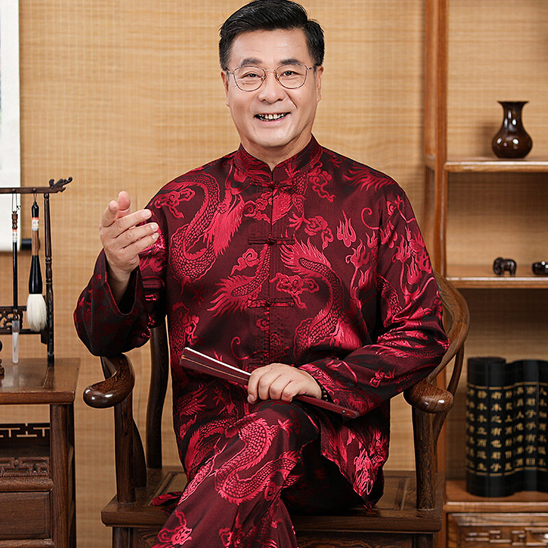 Vendita calda New Chinese Traditiona Men Silk Satin Kung Fu Suit Tang Suit set giacca a maniche lunghe pantaloni Dragon Wu Shu Tai Chi Sets