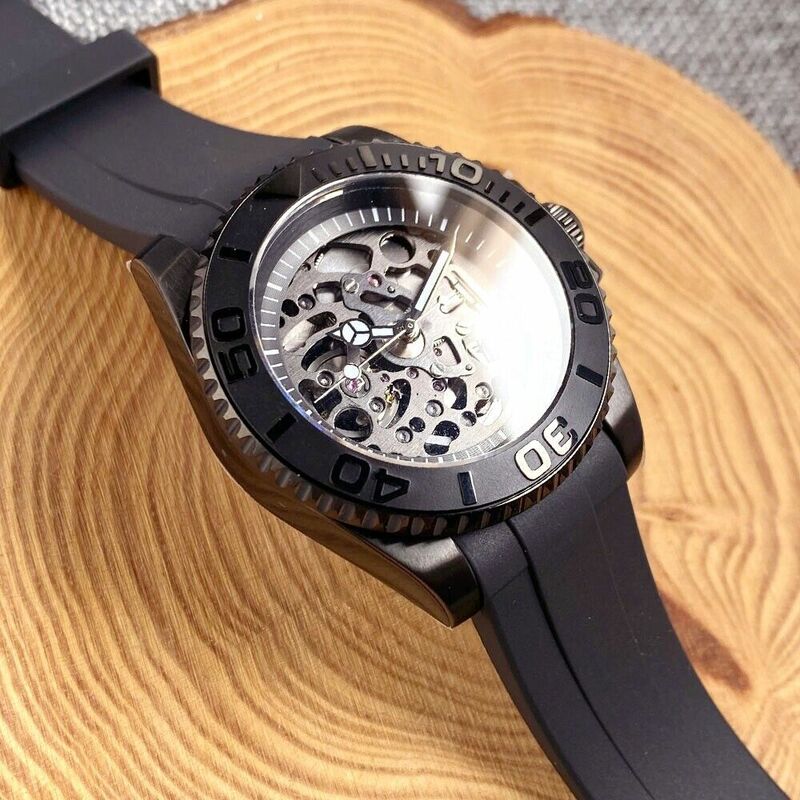 Relógio de vidro safira masculino, PVD preto automático, movimento esqueleto, 40mm, NH72