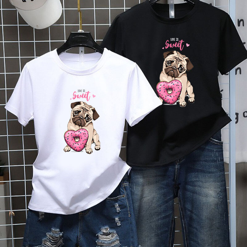 100% Baumwolle Dog Print T-Shirt Damenmode Shirt Unisex Kurzarm O-Ausschnitt T-Shirt Sommer Kurzarm T-Shirt Herren
