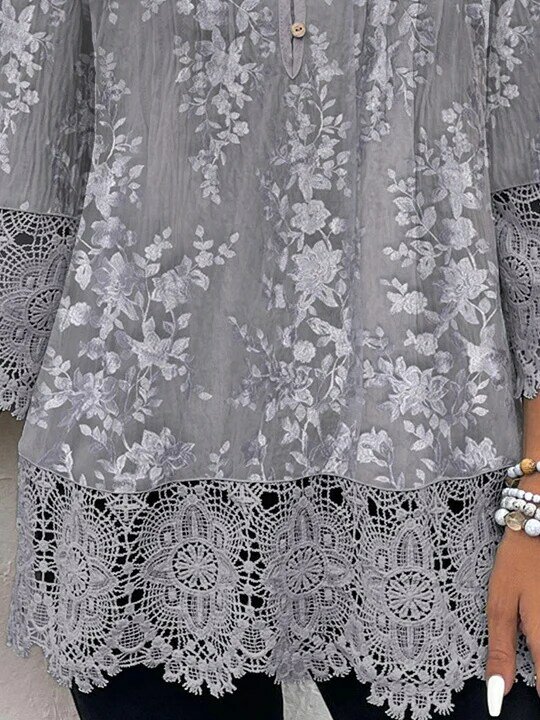 Женская Оригинальная одежда с рукавом 3/4, V-образным вырезом и цветочным принтом, топы на пуговицах с графическим кружевом