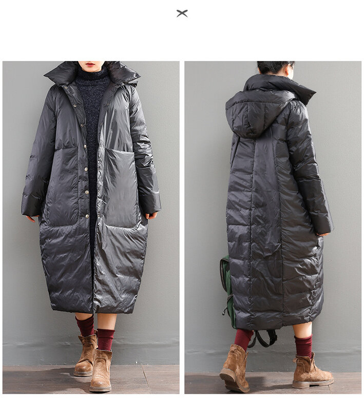 Winter New European Large Down Coat Women Long Loose Large Pocket Thickened Warm White Duck Down Coat