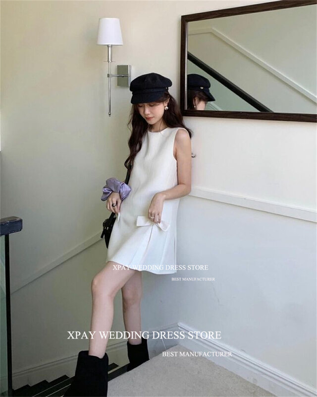 Xpay einfache o Hals kurze Korea Hochzeits feier Kleider Fotoshooting ärmellose rücken freie Brautkleider Korsett Bogen benutzer definierte Braut Kleid
