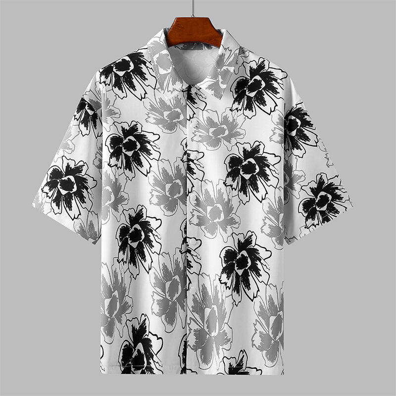 Camisa punk estampada solta masculina, botão de lapela, manga curta, camisa que combina com tudo, tops casuais, roupas de verão, nova moda, 2024