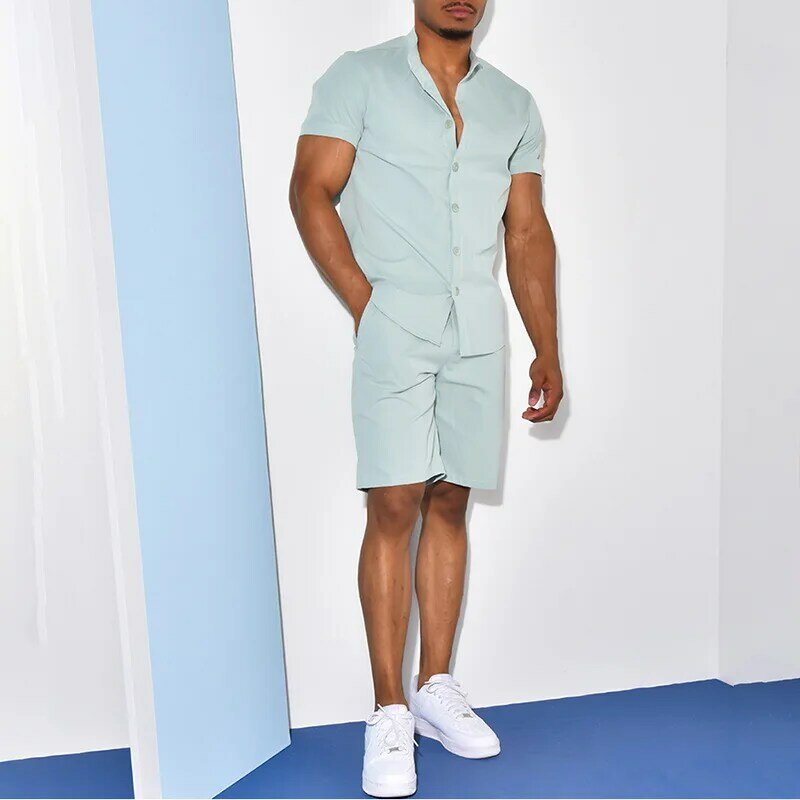 New Men's Hawaiian Set Summer Solid Color Stand Collar Short Sleeve Shirt&Beach Shorts Streetwear High Quality 2-Piece Set 2023