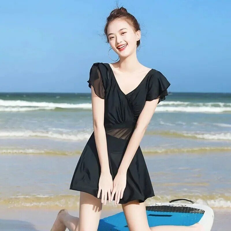 New 2024 Korea Style Sexy Backless One Piece Swimsuit Women Solid Swimwear Skirt Monokini Ruffle Push Up Pad Bathing Suit