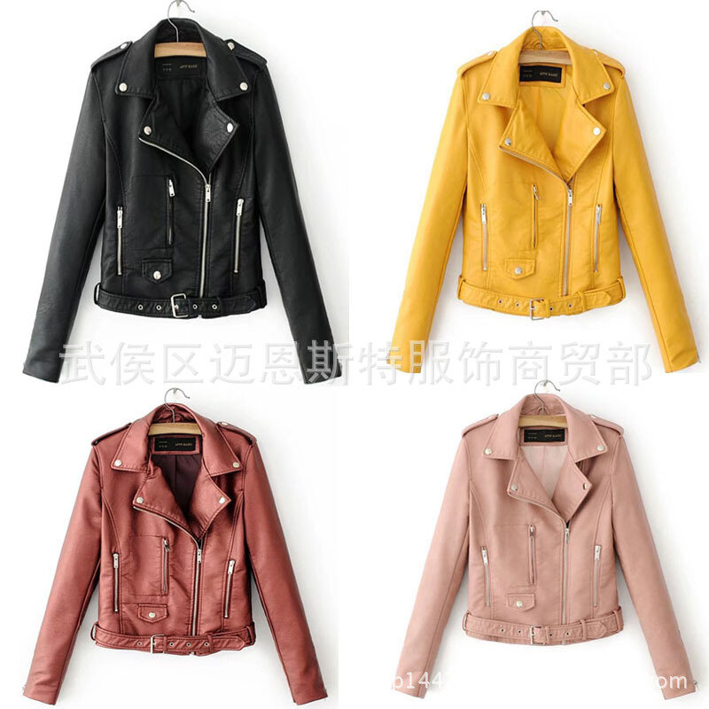 2024 Ladies New Oblique Zipper Leather Short Slim-Fitting Biker PU Leather Jacket