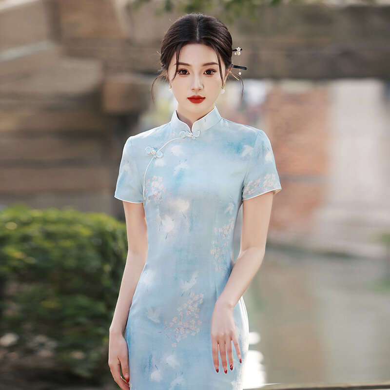 YourqiPao-女性の中国風スタイルのエレガントなqiPooドレス、クラシックな竹のリネン、痩身チャイナドレス、手作りのバックル、夏
