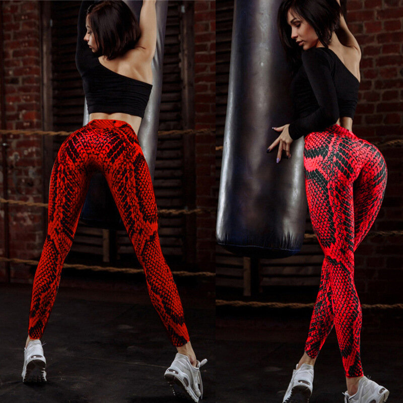 Popular Red Serpentine Printed Sports Pants Women's Running Workout Bottoming Yoga Pants