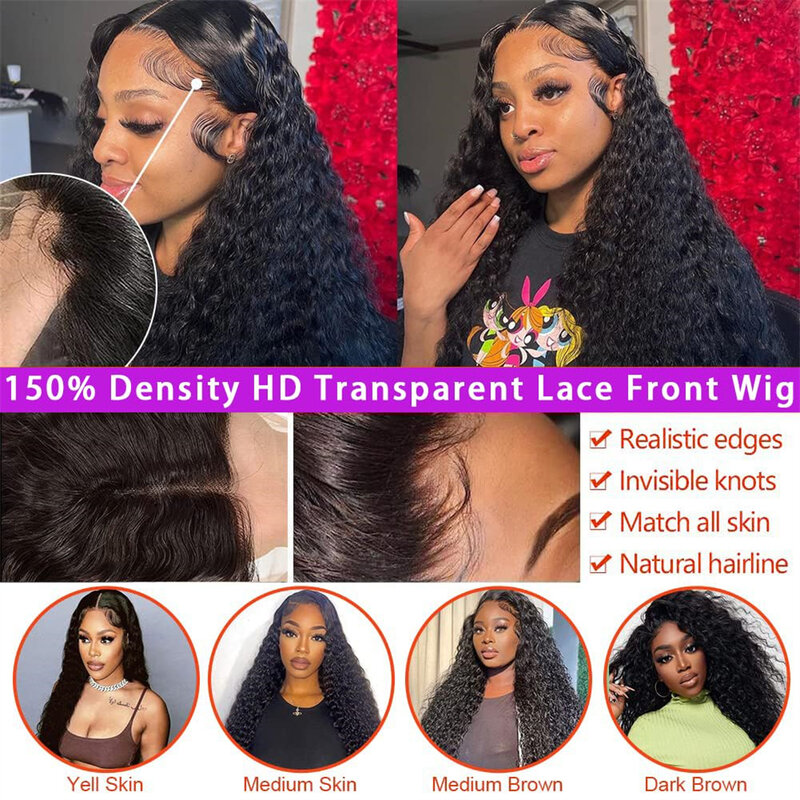 13x4 Water Wave HD Lace Front Human Hair Wigs for Black Women Pre Plucked 180 Density Transparent Lace Frontal Wigs