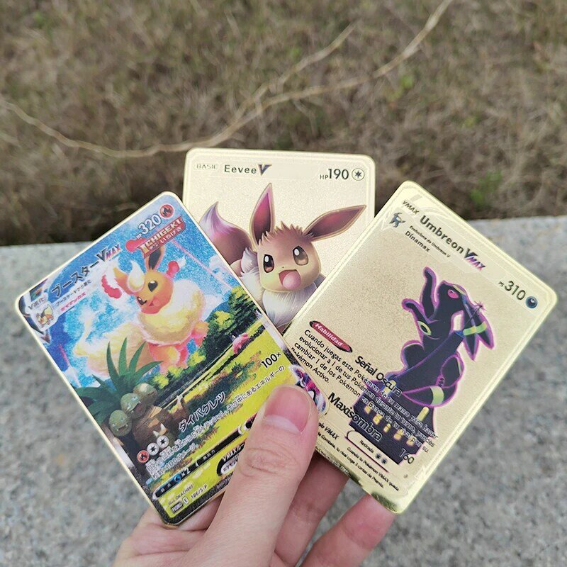 2023 بطاقات معدنية من الحديد لبوكيمون الحروف الذهبية Mewtwo Eevee Pikachu Arceus Gengar Charizard Pokémon GX Vmax EX لعب الأطفال