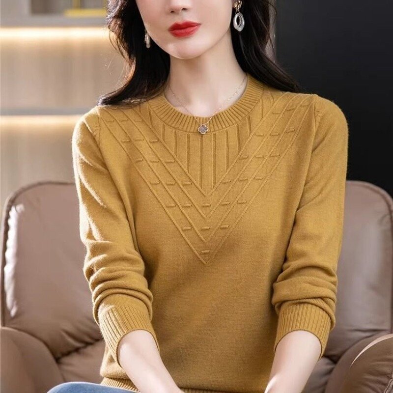 Sweater rajut wanita, atasan Sweater rajutan lengan panjang elegan mode benang sekrup leher bulat warna polos musim semi musim gugur