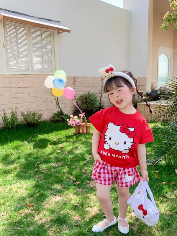 Kawaii Sanrio Summer Kids Suit Kuromi Cinnamoroll Hello Kitty My Melody Pajamas Girl Pants Clothes Set Children Nightgown Anime