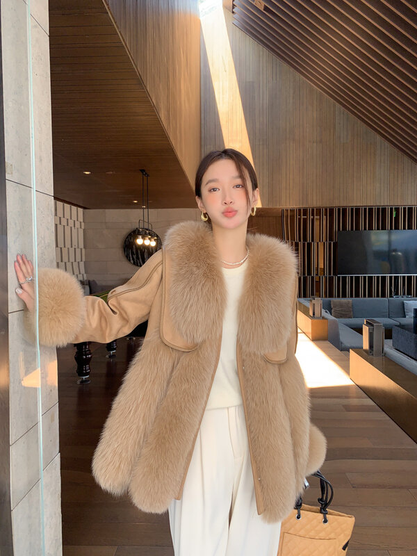 Autumn and Winter Whole Leather Fox Fur Fur Coat Women's Mid-Length Haining Suede Coat