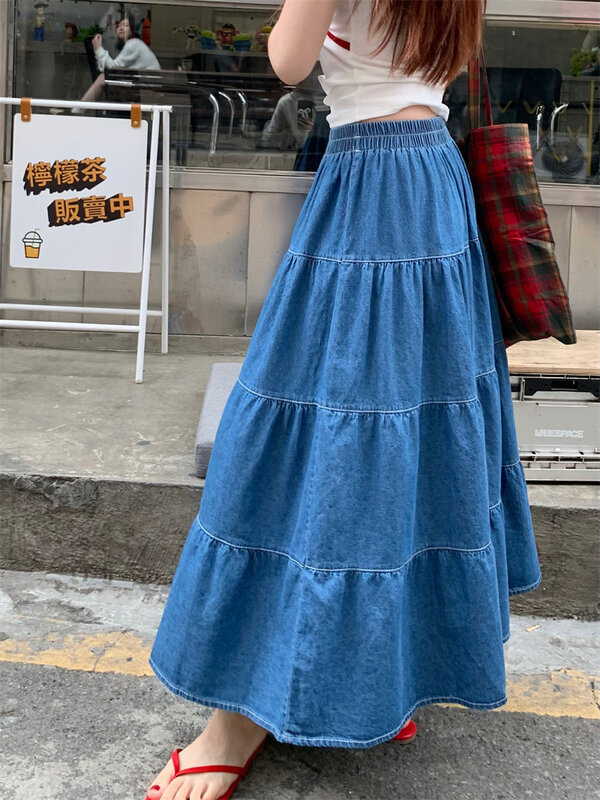 Benuynffy Vintage Ruffle Hem Denim Skirt Women Spring Summer 2024 Korean Casual Elastic Waist A-line Female Swing Long Skirts